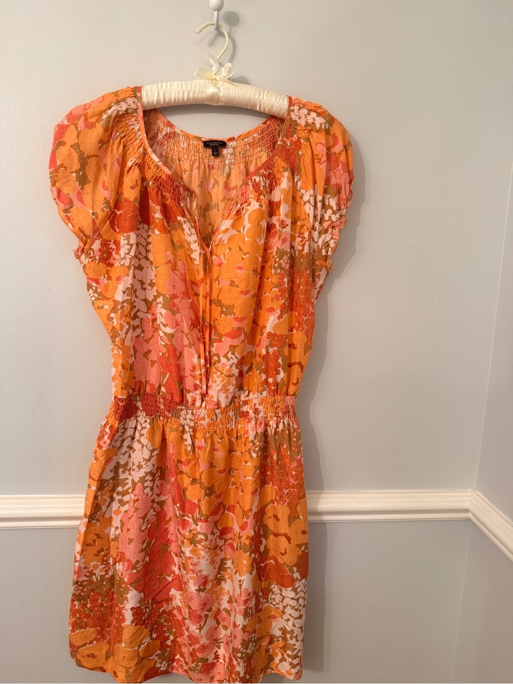 Talbots Silk Floral Dress Orange Pink Smocked Waist Cap Sleeve L - Picture 10 of 10